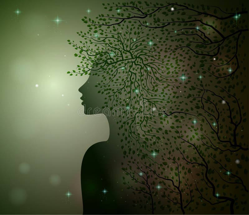Midnight lato sen, lasowa czarodziejka, kobieta profil dekorujący z liśćmi rozgałęzia się i błyska, flory
