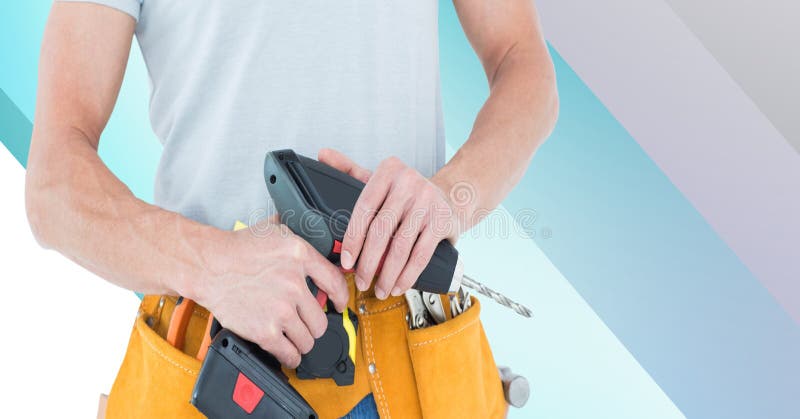 Midsection of handy man holding drill on blue and white stripes