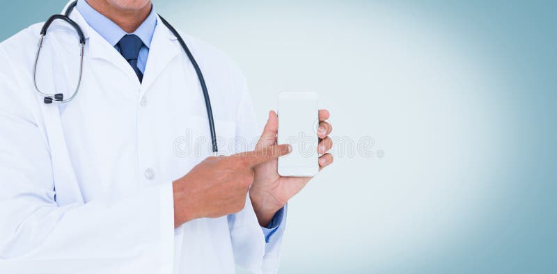 Midsection of male doctor pointing on mobile phone over white background