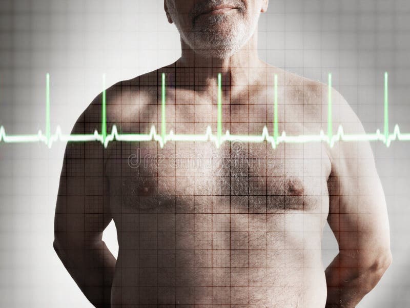 Closeup midsection of a mature shirtless man in front of heartbeat graph. Closeup midsection of a mature shirtless man in front of heartbeat graph