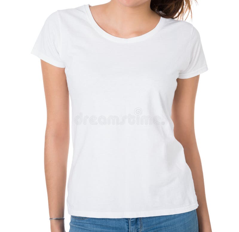 Midsection of young woman wearing blank tshirt on white background. Midsection of young woman wearing blank tshirt on white background