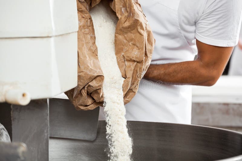 Midsection of mid adult baker pouring flour in kneading machine at bakery. Midsection of mid adult baker pouring flour in kneading machine at bakery