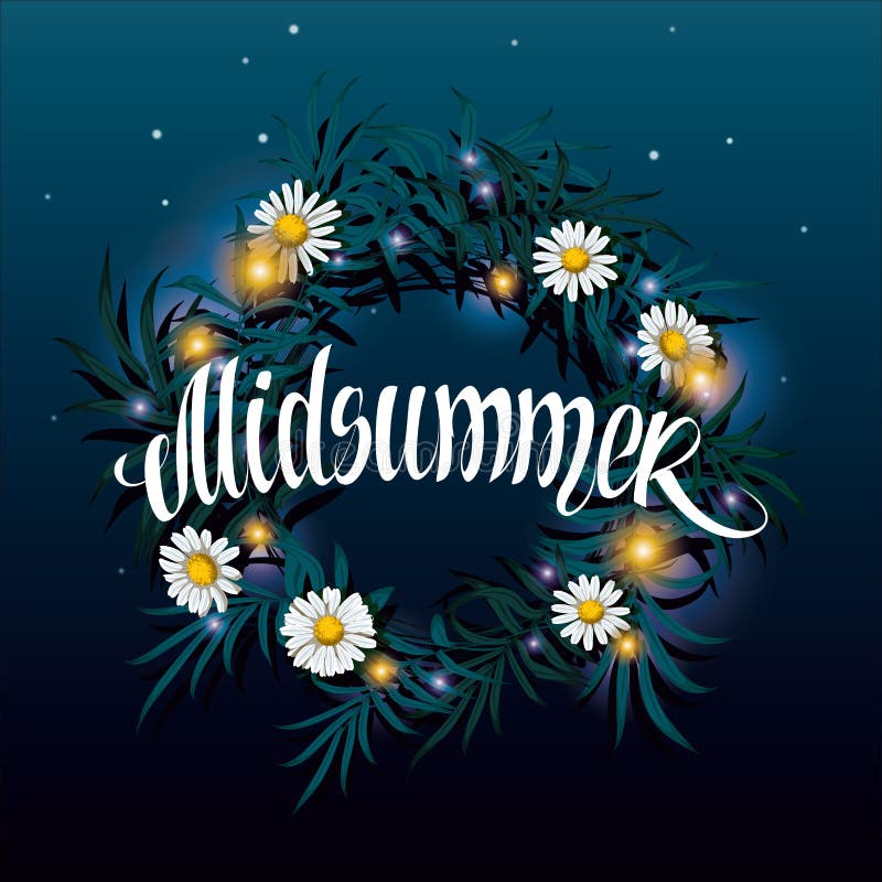 Midsommarbrev. Utandning på vattnet med reflektion av vektorbilden av stjärnhimlen nattetid.. midsommarsemester stock illustrationer