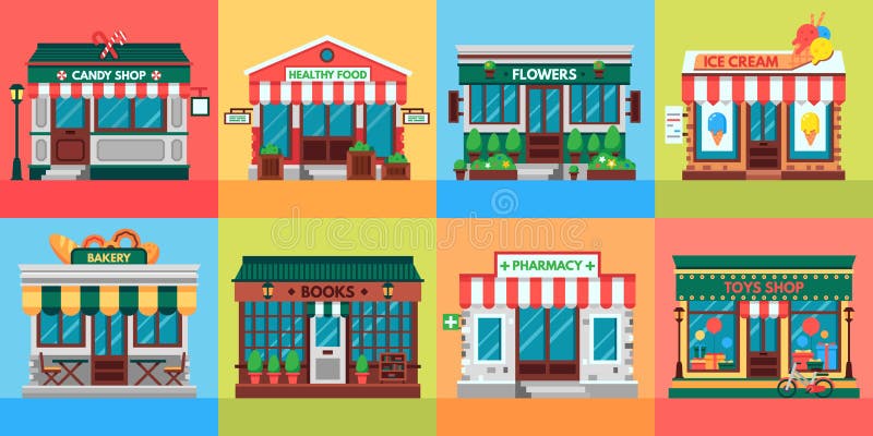 Miejscowy robi zakupy fasady Sklepu spożywczego sklepu drzwi, stary butika sklepu budynku przód i sklepu detalicznego wektoru fas