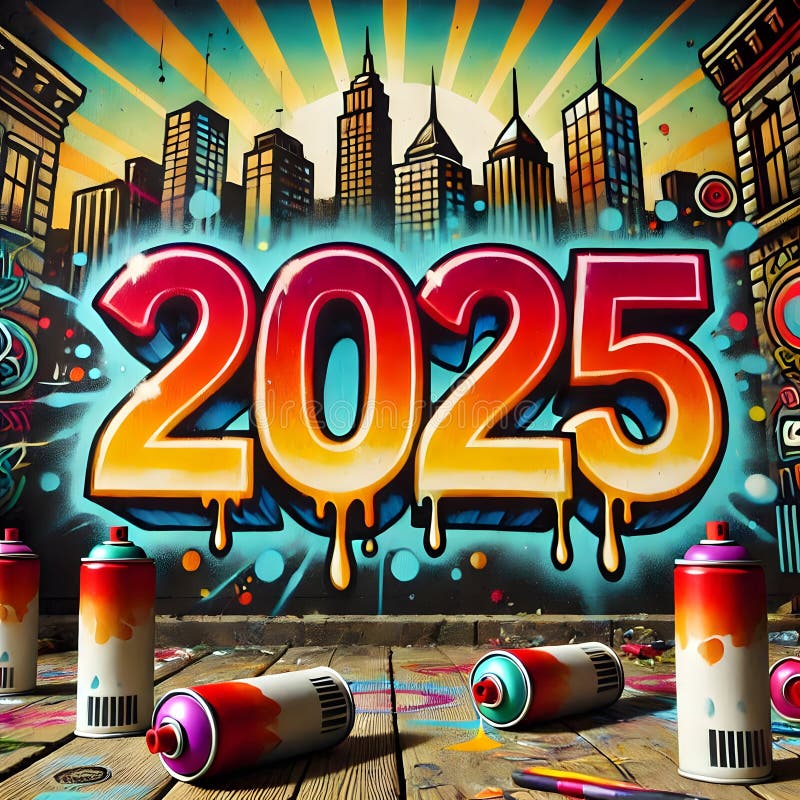 Miejska 2025 graffiti sztuka z miejskim skylinem i puszkami natryskowymi ilustracji