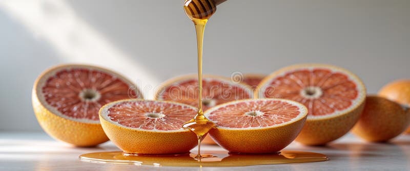 Miel coulant sur des tranches de pamplemousse juteuses images stock