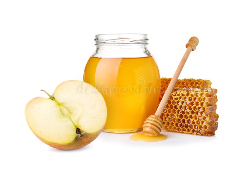 Natural sweet honey and tasty fresh apple on white. Natural sweet honey and tasty fresh apple on white