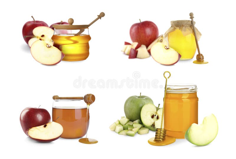 Natural sweet honey and tasty fresh apples on white background, collage. Natural sweet honey and tasty fresh apples on white background, collage