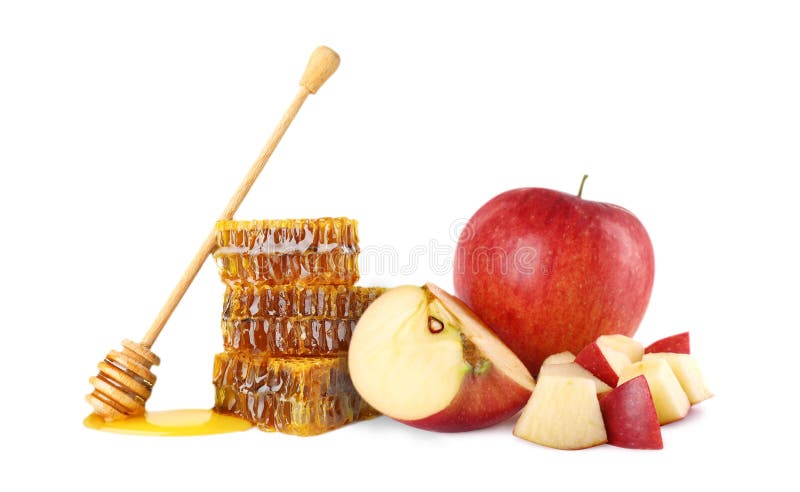 Natural sweet honey and tasty fresh apples on white. Natural sweet honey and tasty fresh apples on white