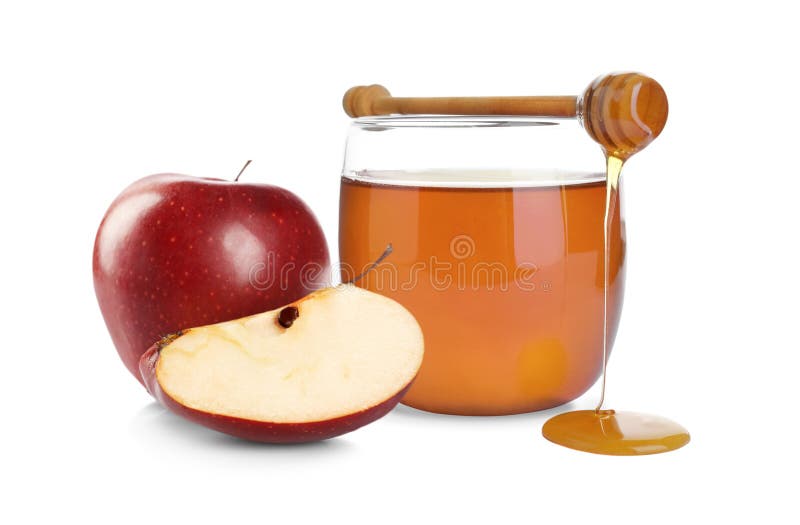 Natural sweet honey and tasty fresh apples on white. Natural sweet honey and tasty fresh apples on white