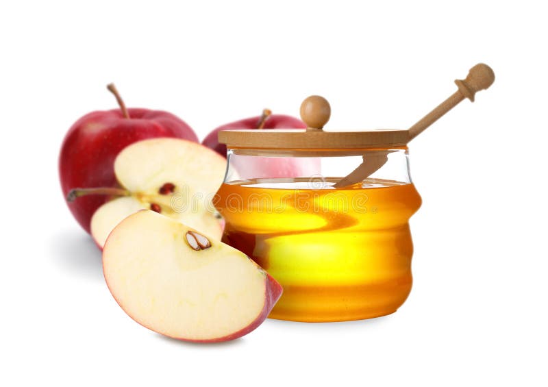 Natural sweet honey and tasty fresh apples on white. Natural sweet honey and tasty fresh apples on white