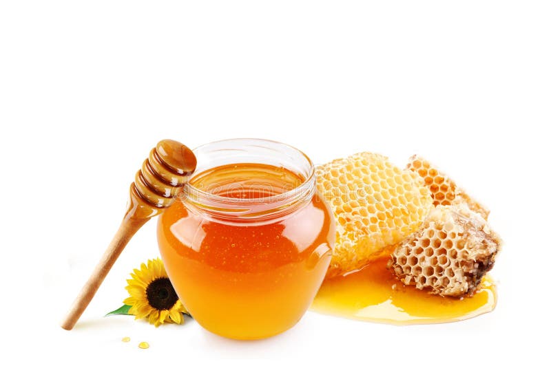 Miel en pot et cire en verre de nids d'abeilles