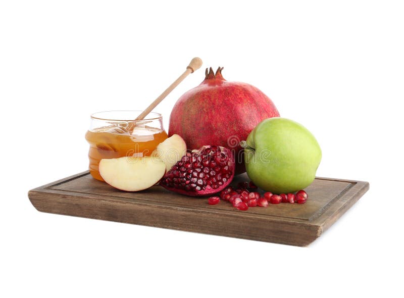 Honey, apples and pomegranate on white background. Honey, apples and pomegranate on white background