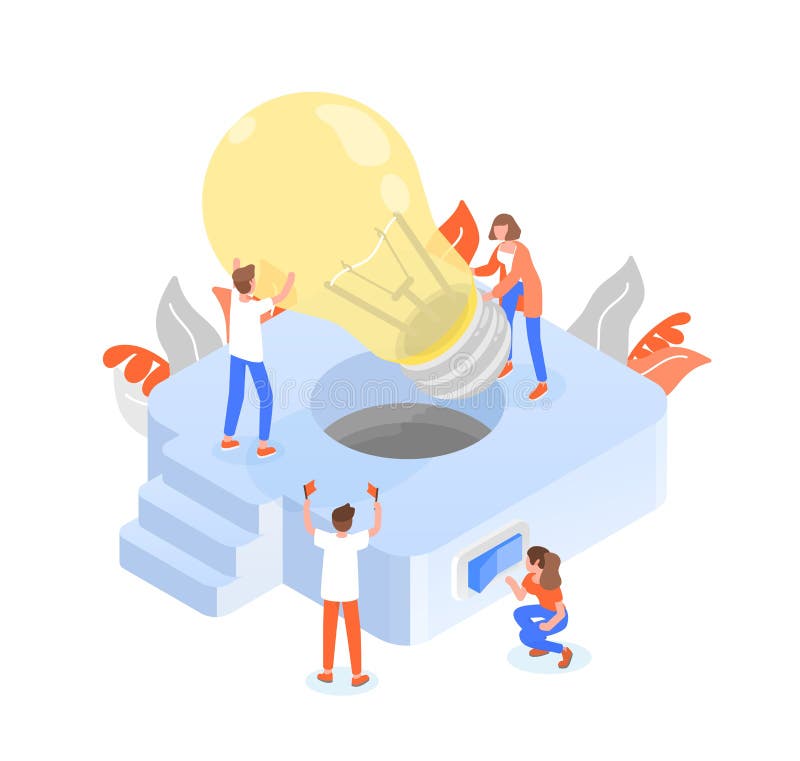 Miembros del grupo de personas o de equipo que ponen la bombilla gigante en la lámpara Trabajo en equipo o eficaz y eficiente stock de ilustración Miembros del grupo de personas o de equipo que ponen la bombilla gigante en la lámpara Trabajo en equipo o eficaz y eficiente stock de ilustración