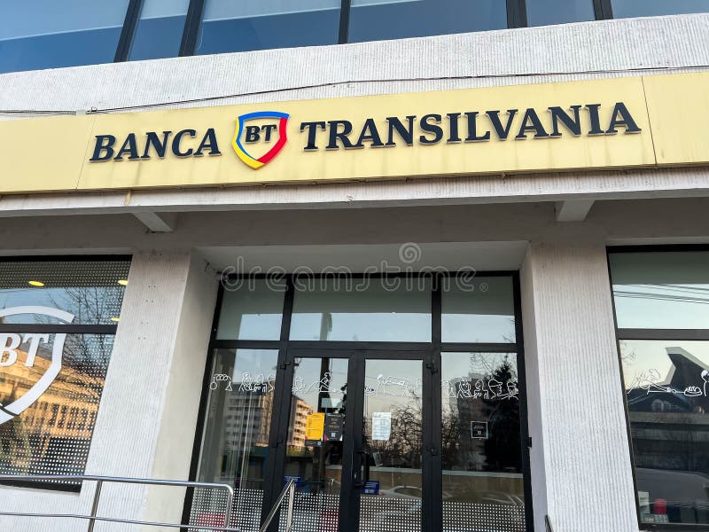 Banca Transilvania business front on early morning.