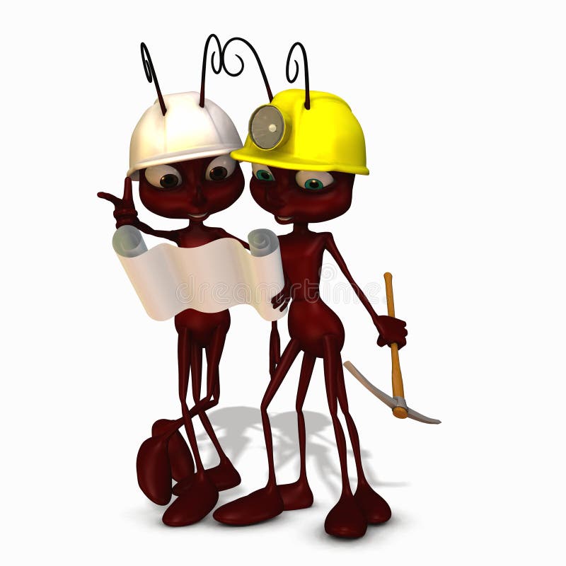 A worker ant wearing a construction hat with light and holding a pick axe looking at plans with a foreman. A worker ant wearing a construction hat with light and holding a pick axe looking at plans with a foreman.