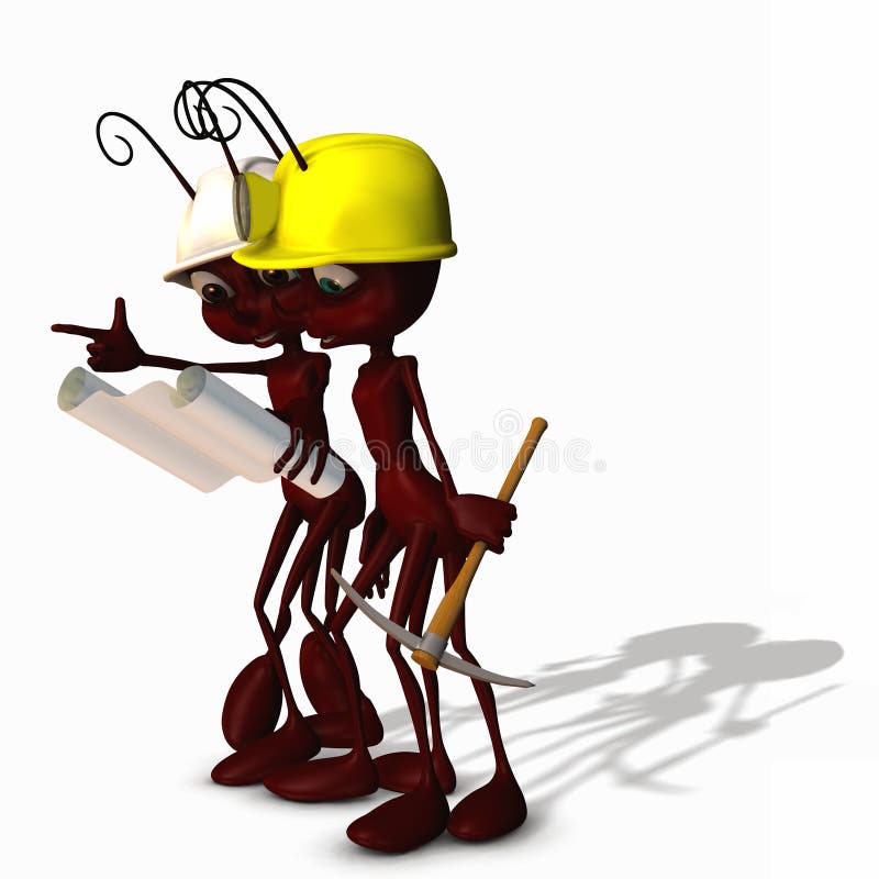 A worker ant wearing a construction hat with light and holding a pick axe looking at plans with a foreman. A worker ant wearing a construction hat with light and holding a pick axe looking at plans with a foreman.