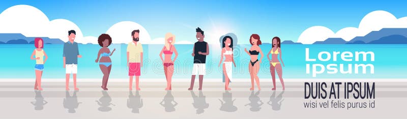 Mieszanki rasy grupy na wschód słońca plaży nadmorski wakacje wakacje letni sztandaru kopii przestrzeni horyzontalnym mieszkaniu ilustracji Mieszanki rasy grupy na wschód słońca plaży nadmorski wakacje wakacje letni sztandaru kopii przestrzeni horyzontalnym mieszkaniu ilustracji