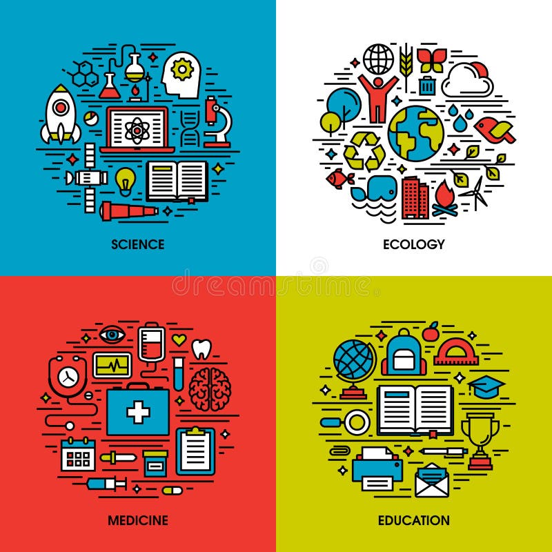 Mieszkanie kreskowe ikony ustawiać nauka, ekologia, medycyna, edukacja ilustracja wektor Mieszkanie kreskowe ikony ustawiać nauka, ekologia, medycyna, edukacja ilustracja wektor