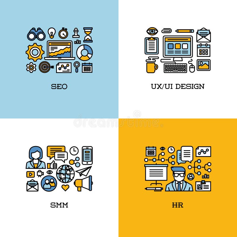 Mieszkanie kreskowe ikony ustawiać SEO, UI i UX projekt, SMM, HR kreatywnie ilustracji Mieszkanie kreskowe ikony ustawiać SEO, UI i UX projekt, SMM, HR kreatywnie ilustracji