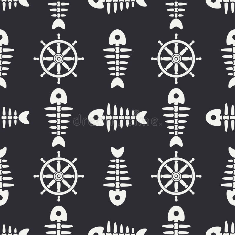 Mieszkanie kreskowego monochromatycznego wektorowego bezszwowego deseniowego oceanu rybia kość, kościec z kierownicą Retro kreskó ilustracja wektor Mieszkanie kreskowego monochromatycznego wektorowego bezszwowego deseniowego oceanu rybia kość, kościec z kierownicą Retro kreskó ilustracja wektor