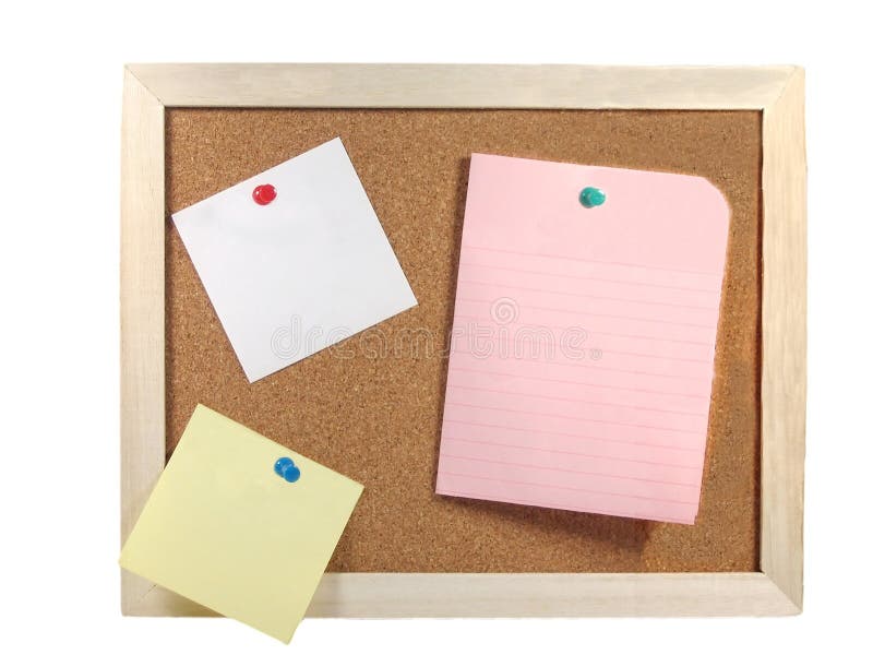 Cork board with three blank papers in white, pink and yellow. Cork board with three blank papers in white, pink and yellow