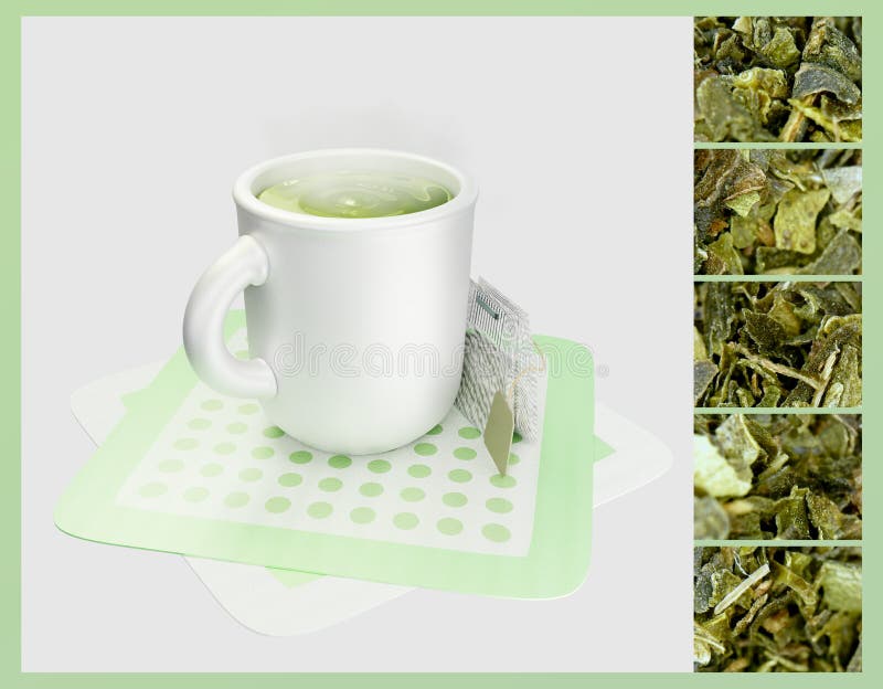 Microscopic, eight-hundred times magnified, details of crushed leaves of green tea from a teabag. With the 3D rendering of the white ceramic mug. Microscopic, eight-hundred times magnified, details of crushed leaves of green tea from a teabag. With the 3D rendering of the white ceramic mug.