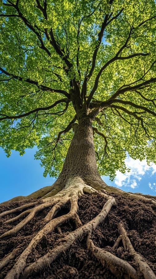 Mighty tree with sprawling roots and lush green canopy against blue sky, low-angle view. Nature&#x27;s strength and stock images