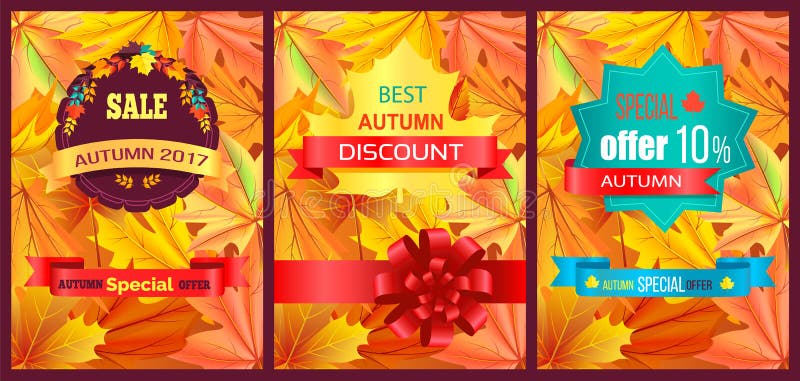 Autumn 2017 best sale poster with discount advert covered with golden yellow leaves. Vector illustration with colorful special offer decorated with bow. Autumn 2017 best sale poster with discount advert covered with golden yellow leaves. Vector illustration with colorful special offer decorated with bow