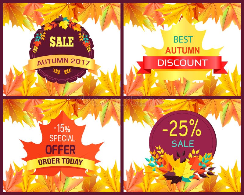 Best autumn 2017 discount poster with sale advertising decorated with orange foliage. Vector illustration with yellowed leaves on white background. Best autumn 2017 discount poster with sale advertising decorated with orange foliage. Vector illustration with yellowed leaves on white background