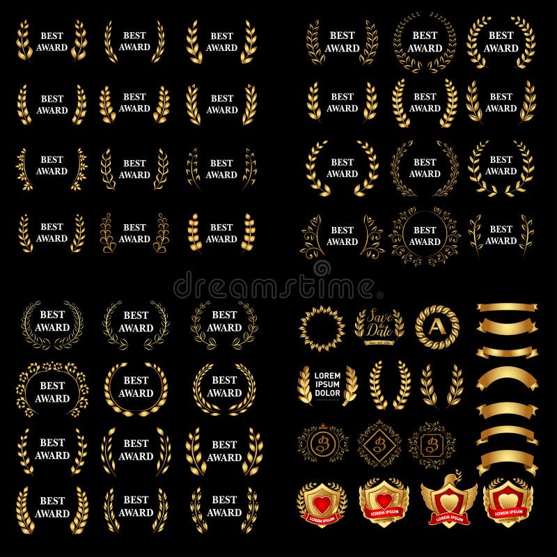 Migliore insieme della corona dell'alloro del premio dell'oro di vettore del premio Etichetta del vincitore, vittoria di simbolo royalty illustrazione gratis Migliore insieme della corona dell'alloro del premio dell'oro di vettore del premio Etichetta del vincitore, vittoria di simbolo royalty illustrazione gratis