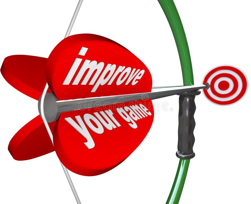 The words Improve Your Game on an arrow and bow aiming at a target representing the improvement of your skills in order to win a competition or achieve success in business or life. The words Improve Your Game on an arrow and bow aiming at a target representing the improvement of your skills in order to win a competition or achieve success in business or life