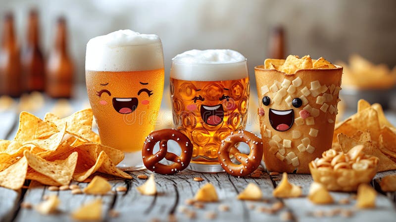 Funny glass of beer, pretzel and nachos mascot friends concept. Created with Generative AI AI generated. Funny glass of beer, pretzel and nachos mascot friends concept. Created with Generative AI AI generated