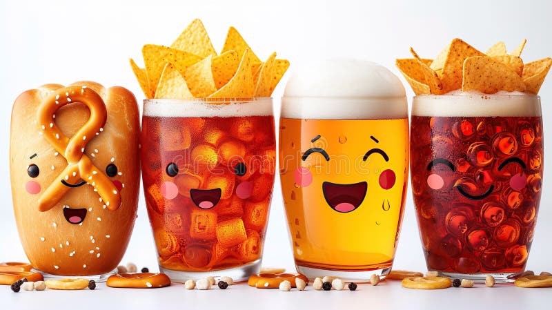 Funny glass of beer, pretzel and nachos mascot friends concept. Created with Generative AI AI generated. Funny glass of beer, pretzel and nachos mascot friends concept. Created with Generative AI AI generated