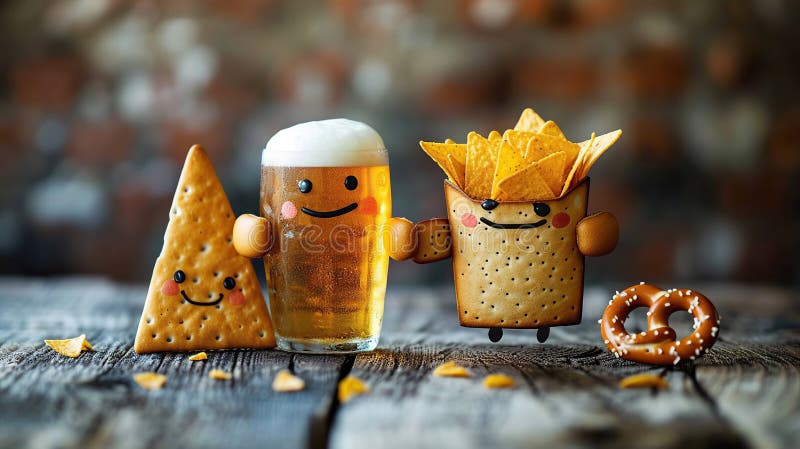 Funny glass of beer, pretzel and nachos mascot friends concept. Created with Generative AI AI generated. Funny glass of beer, pretzel and nachos mascot friends concept. Created with Generative AI AI generated