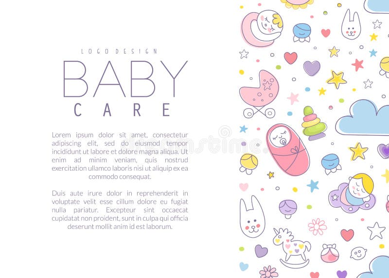 Mignon modèle d'affiche de soins pour bébés avec l'illustration vectorielle copyspace. couverture rectangulaire avec des attributs nouveau-nés comme concept d'enfance heureuse