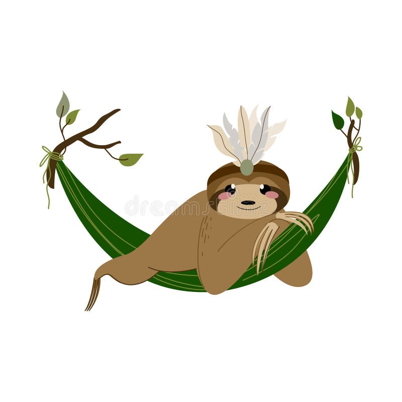 Mignon Paresseux Sur Hamac Avec Des Elements Indiens Dans Le Style Boho Bebe Animal Pour Textiles Imprimes Cartes D Invitation A Illustration De Vecteur Illustration Du Dessin Plat