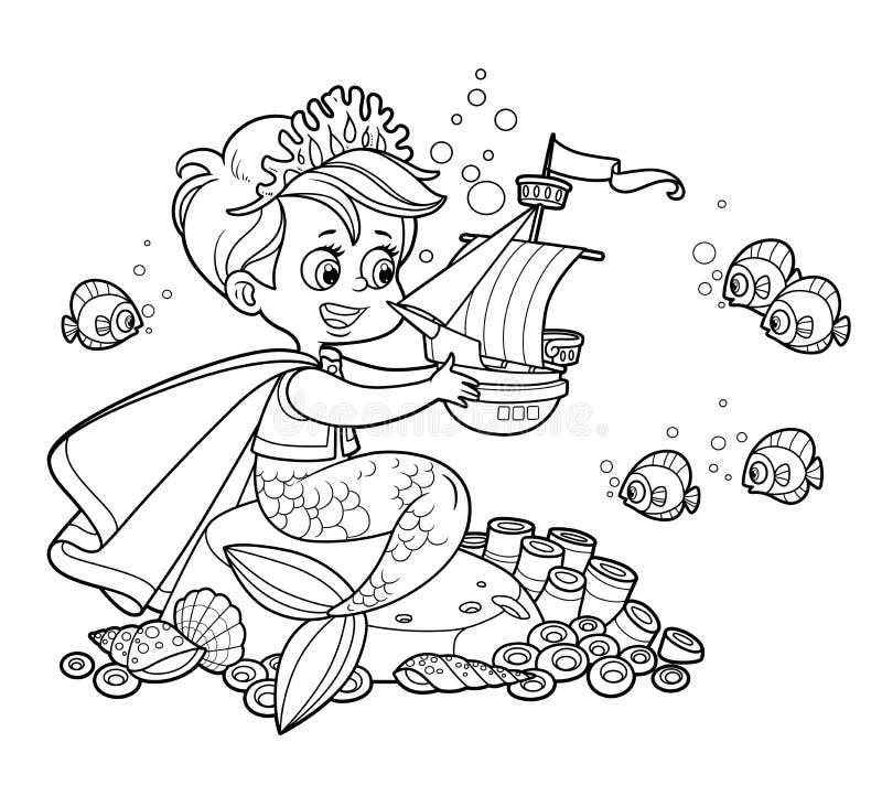 Cute little mermaid prince in a crown of coral sits on a stone and examines a toy sailboat outlined for coloring page isolated on white background. Cute little mermaid prince in a crown of coral sits on a stone and examines a toy sailboat outlined for coloring page isolated on white background