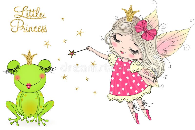 Mignon tiré par la main, rêvant la petite grenouille de princesse, avec la couronne illustration stock Mignon tiré par la main, rêvant la petite grenouille de princesse, avec la couronne illustration stock