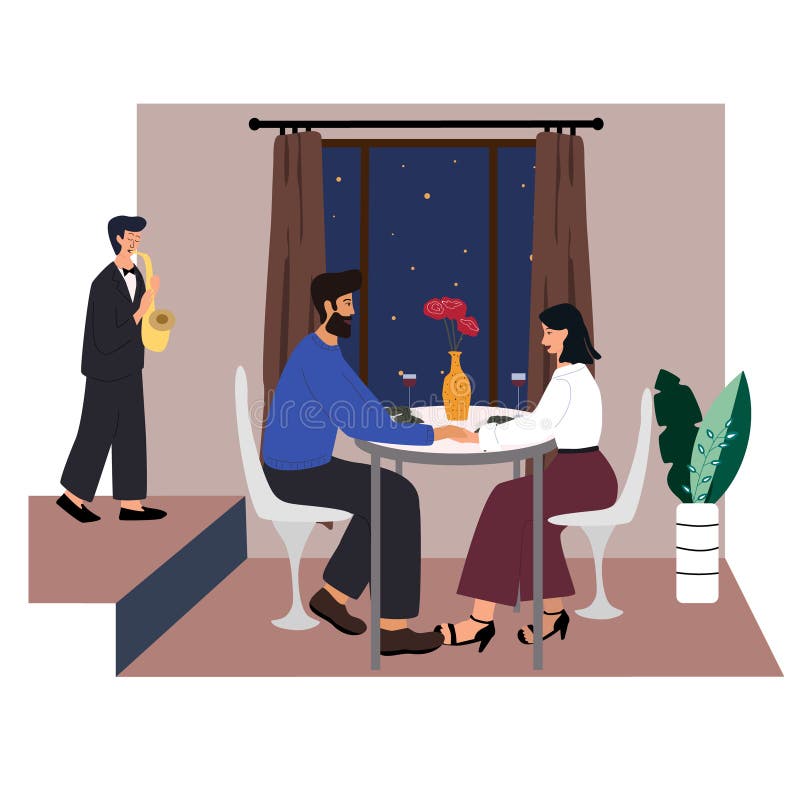 Mignons couples assis à table, buvant du vin et parlant Homme et femme au café à ce jour Conversation de couple romantique illustration de vecteur