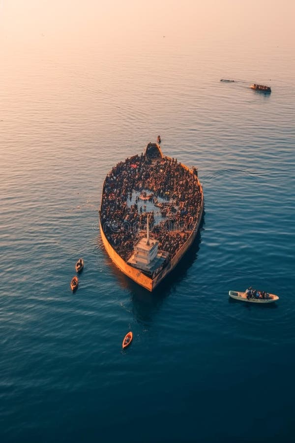 Migrants dans un bateau surpeuplé traversant la mer illustration libre de droits