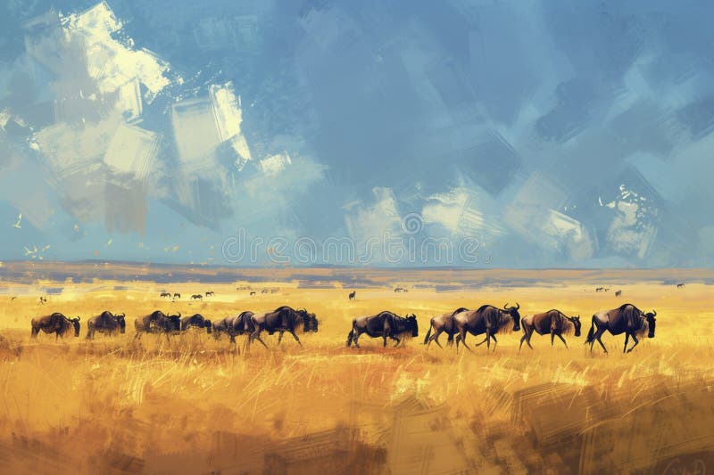 Migratory wildebeest herds, painted with oil or acrylic paints. African savannah, common wildebeest or brindled gnu, antelopes, gnus or wildebai