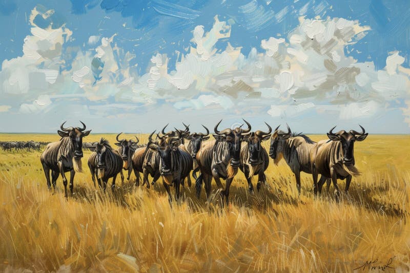 Migratory wildebeest herds, painted with oil or acrylic paints. African savannah, common wildebeest or brindled gnu, antelopes, gnus or wildebai