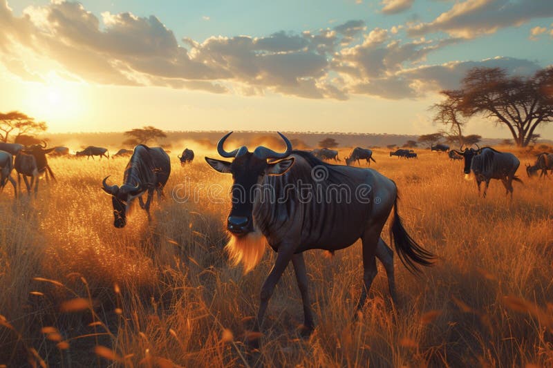 Migratory wildebeest herds, painted with oil or acrylic paints. African savannah, common wildebeest or brindled gnu, antelopes, gnus or wildebai