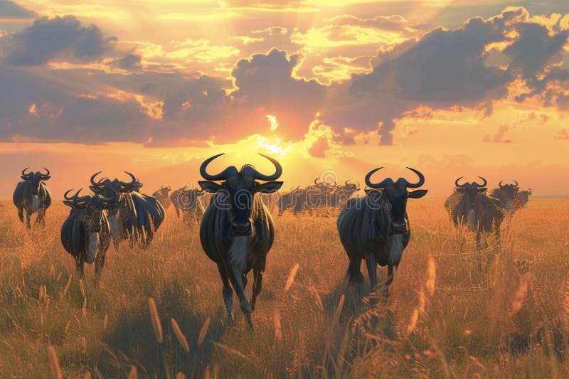 Migratory wildebeest herds, painted with oil or acrylic paints. African savannah, common wildebeest or brindled gnu, antelopes, gnus or wildebai