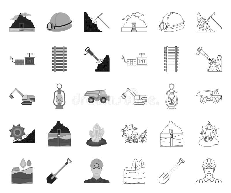 Mijnbouw mono, overzichtspictogrammen in vastgestelde inzameling voor ontwerp Materiaal en van het hulpmiddelen vectorsymbool voo royalty-vrije illustratie Mijnbouw mono, overzichtspictogrammen in vastgestelde inzameling voor ontwerp Materiaal en van het hulpmiddelen vectorsymbool voo royalty-vrije illustratie