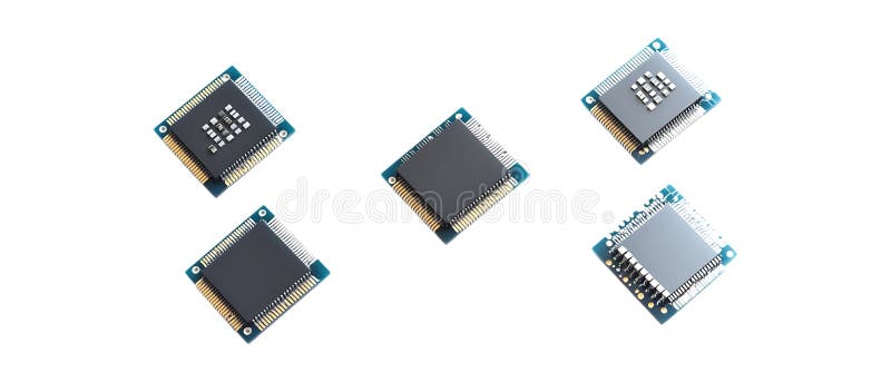 Mikrochip-Set mit transparentem Hintergrund für Technologieelektronik- oder digitale Designprojekte.