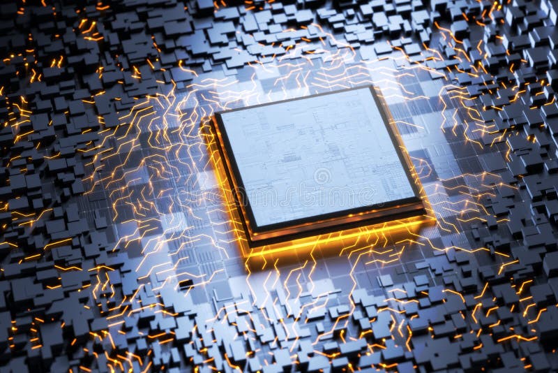 Mikrochips på ett kretskort. cpu. firmware för mikrostyrenheter. mikrochip-konceptet 3d-rendering stock illustrationer
