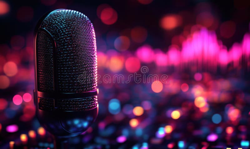 Mikrofon z kolorowym tłem bokeh i wizualizacją fal dźwiękowych obraz royalty free