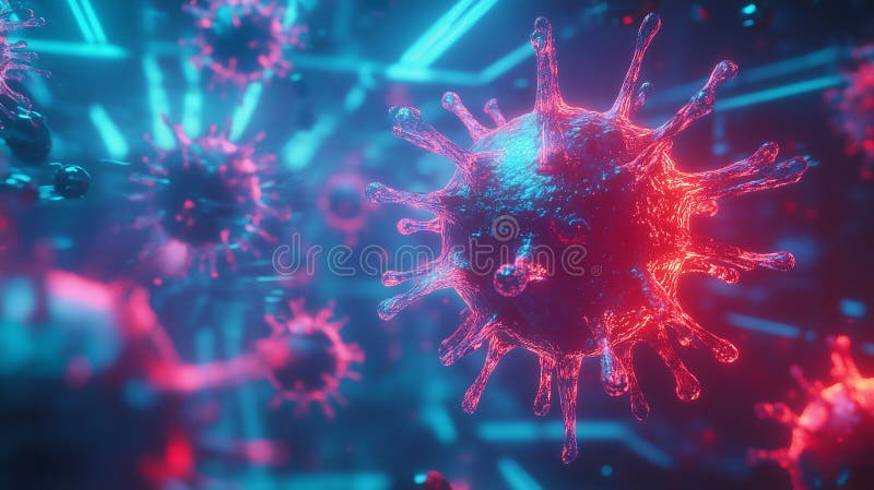 Mikroskopische Darstellung des sich abschwächenden Virus, das Ansteckungs- und Krankheitsausbruch in einem neonbeleuchteten pandem stock abbildung